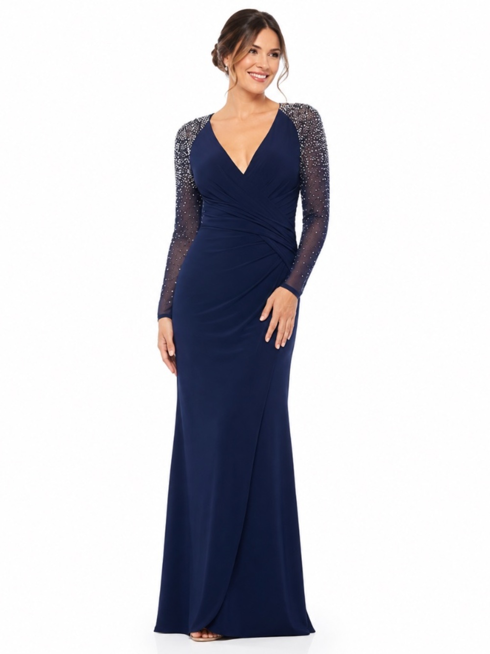 Betsy & Adam - Navy Beaded Mesh Sleeve V-Neck Evening Gown